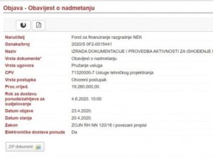Screenshot obavijesti o nabavi na hrvatskom jeziku. Navodi detalje kao što su naručitelj (Fond za financiranje razgradnje NEK), poziv na broj (2020/S 0F2-0015441) i naziv dokumenta. Ostali detalji uključuju vrijednost nabave, vrstu postupka i rokove predaje dokumenata.