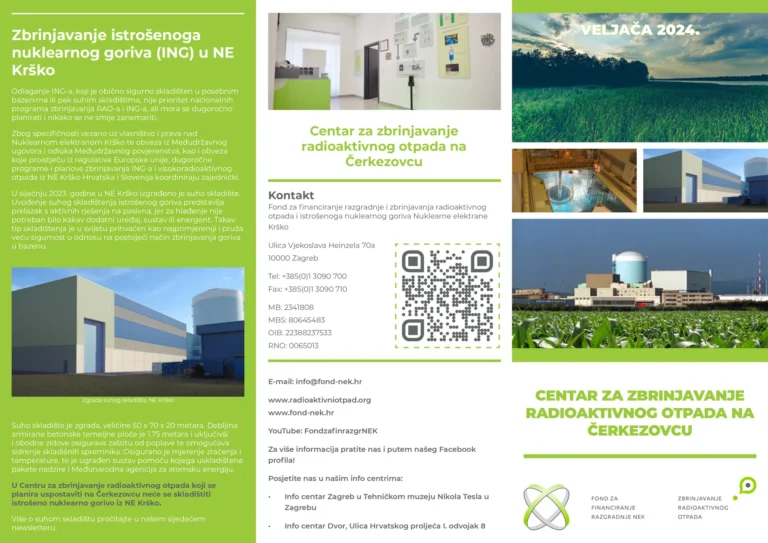 Brošura na hrvatskom jeziku o gospodarenju nuklearnim otpadom. Sadrži slike nuklearnog postrojenja, QR kodove i podatke za kontakt. Tu je i tekst koji detaljno opisuje proces upravljanja istrošenim nuklearnim gorivom, zajedno s datumima i adresama. Brošura je od veljače 2024.