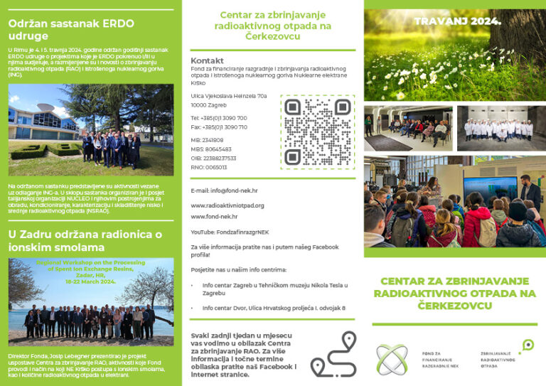 Trostruka brošura koja sadrži različite odjeljke uključujući tekst i slike. Lijevi panel opisuje sastanak udruge ERDO, sa grupnom fotografijom ispred zgrade. Srednja ploča pruža podatke za kontakt i QR kodove. Na desnoj ploči prikazan je centar za gospodarenje radioaktivnim otpadom.