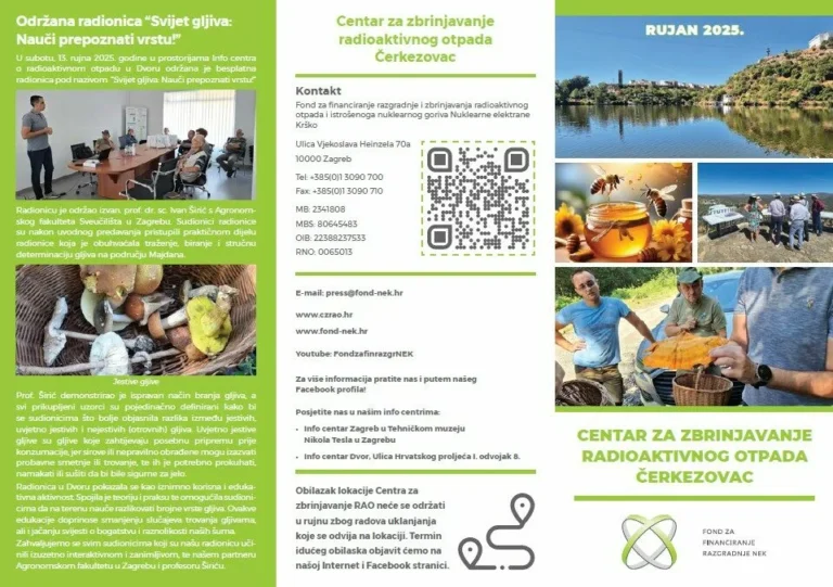 Trostruka brošura za centar za gospodarenje radioaktivnim otpadom Čerkezovac uključuje fotografije radionice, prirode i skladištenja otpada; s kontaktnim podacima, QR kodovima i informacijama na hrvatskom jeziku.