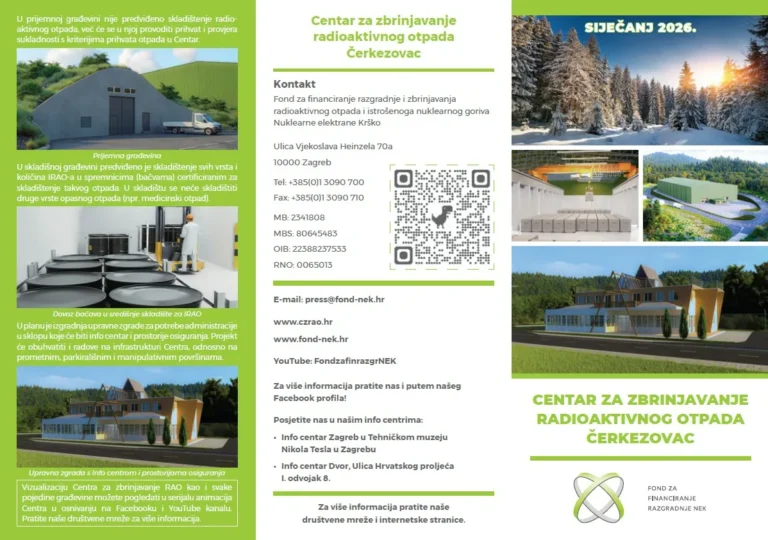 Brošura za Centar za odlaganje radioaktivnog otpada Čerkezovac s prikazima objekta, šumovitim zimskim krajolikom, kontaktnim informacijama na hrvatskom i detaljima o rukovanju radioaktivnim otpadom. Pretežno zeleno-bijeli dizajn.