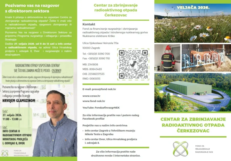 Brošura sa zelenim naglascima o Centru za odlaganje radioaktivnog otpada Čerkezovac. Sadrži informativni tekst, fotografiju muškarca na otvorenom, slike objekta, kontakt podatke i zračni pogled na buduću lokaciju.