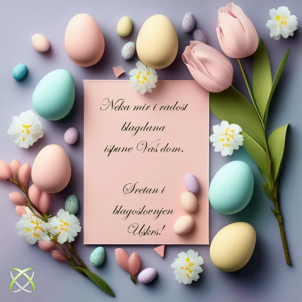 Pastelni aranžman s uskrsnom tematikom s obojenim jajima, tulipanima, cvijećem i čestitkom na hrvatskom jeziku s željama mira i radosti za Uskrs. Mala čokoladna jaja razasuta su po čestitki.