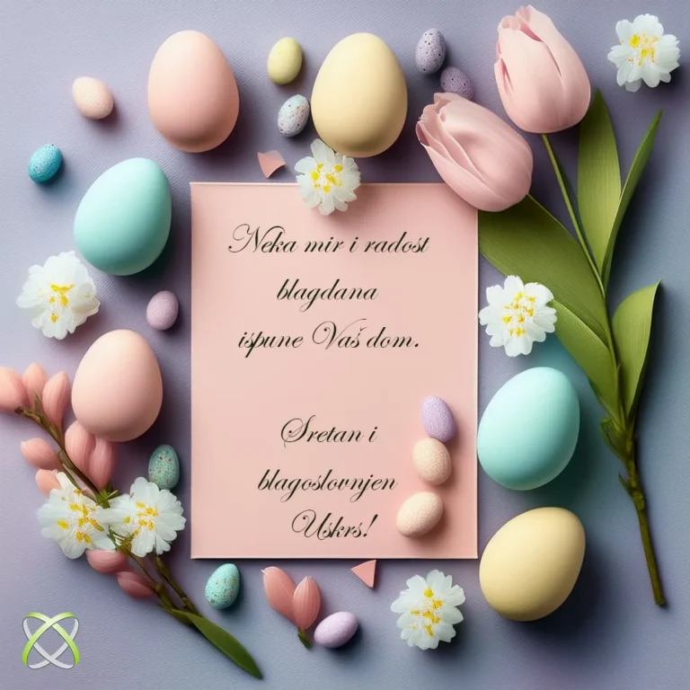 Pastelni aranžman s uskrsnom tematikom s obojenim jajima, tulipanima, cvijećem i čestitkom na hrvatskom jeziku s željama mira i radosti za Uskrs. Mala čokoladna jaja razasuta su po čestitki.
