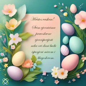 Dekorativna uskrsna čestitka sa šarenim jajima, cvijećem i lišćem koja uokviruje središnju poruku na srpskoj ćirilici, postavljena na gradijentnoj zeleno-plavoj pozadini. Dizajn evocira svečanu, proljetnu atmosferu.