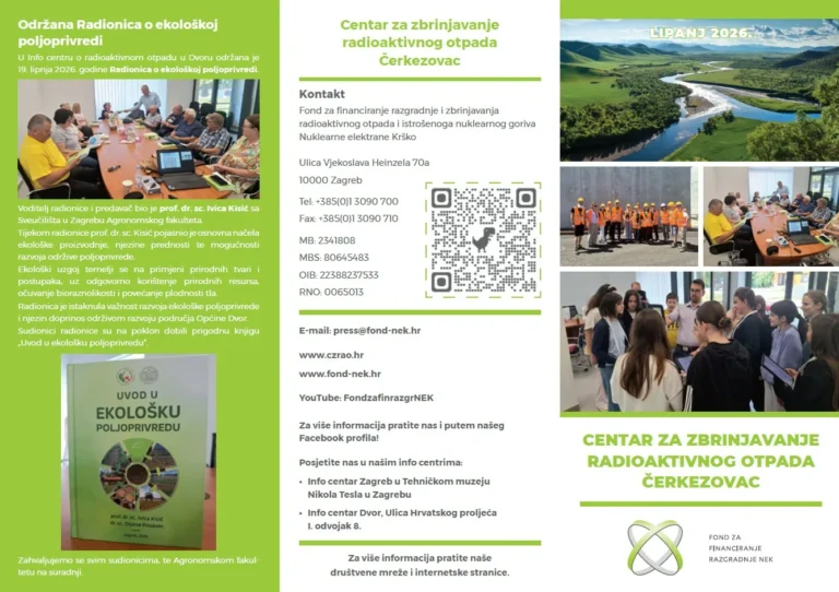 Brošura s tri dijela sadrži informacije o ekološki prihvatljivoj poljoprivredi i centru za gospodarenje radioaktivnim otpadom, s fotografijama sastanka, grupne prezentacije, slikovitog krajolika, QR kodova i kontaktnih podataka. Tekst je na hrvatskom jeziku.