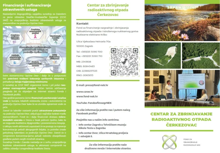 Brošura na hrvatskom jeziku o financiranju zdravstva i gospodarenju radioaktivnim otpadom, s dijagramima, kontaktnim podacima i slikama postrojenja, ljudi u zaštitnim odijelima i zelenih krajolika.